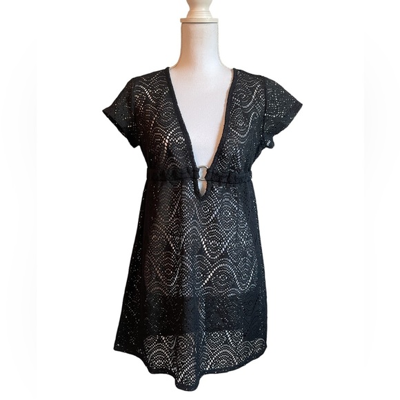 CATALINA Women’s Black Deep V Lace Beach Swimsuit Bikini Cover Up Size Small - Picture 1 of 15